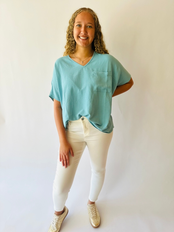 Airflow V-Neck Dolman Pocket Top - Dusty Teal