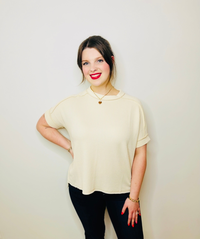 Corded Rib Short Cuff Sleeve Raw Edge Top - Cream