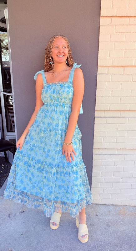 Floral Tie Strap Ruffle Trim Tiered Maxi Dress - Sage