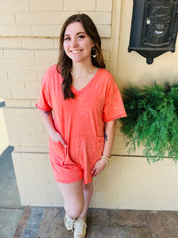 Mineral Wash Romper - Coral