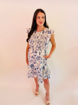 Antique Floral Smock Ruffle Dress - Blue