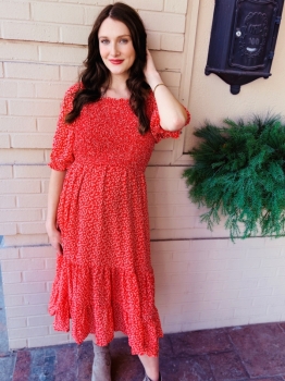 Cinched Cuff Square Neck Smocked Dress - Red