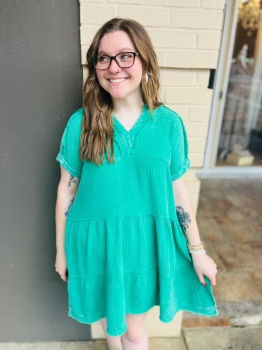 Washed Gauze V-Neck Dress - K Green