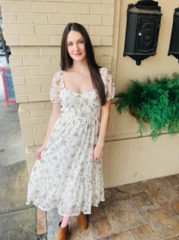 Sheer Sleeve Floral Front Tie Midi Dress - Cream