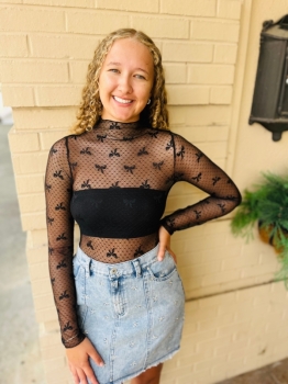 Fitted Sheer Mesh Lace Knit Top - Black Bow