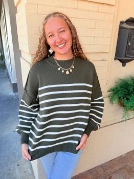 Striped Oversized Sweater - Dark Olive