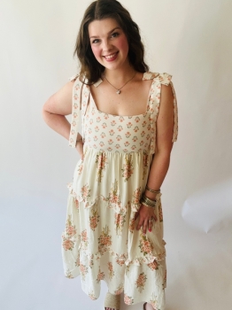 Floral Print Tie Strap Empire Tiered Dress - Apricot Multi