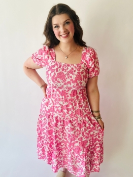 Floral Square Neck Smocked Midi Dress - Pink Multi