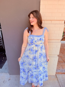 Floral Crochet Lace Strap Maxi Dress - Blue Multi