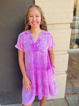 Washed Gauze V-Neck Dress - Bright Mauve