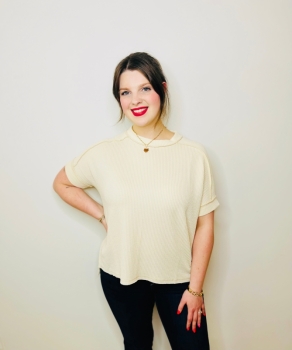 Corded Rib Short Cuff Sleeve Raw Edge Top - Cream
