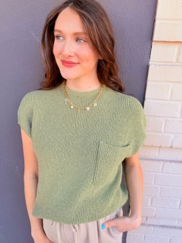 Mock Neck Pocket Sweater Top - Lt Olive