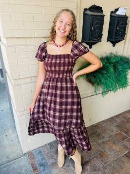 Plaid Smocked Puff Sleeve Ruffle Midi Dress