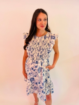 Antique Floral Smock Ruffle Dress - Blue