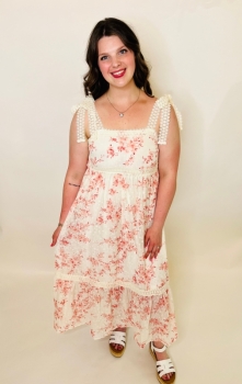 Floral Eyelet Lace Trim Midi Dress - Pink