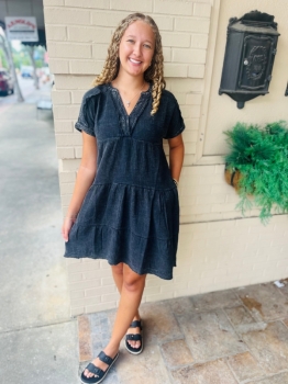 Washed Gauze V Neck Dress - Black