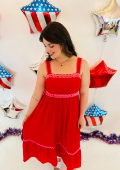 Square Neck Wave Scallop Trim Midi Dress - Red