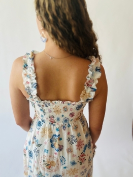 Print Smocked Sleeveless Midi Dress - Blue Multi
