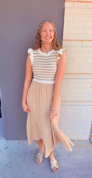 Stripe Sweater Top Mixed Media Midi Dress - Khaki