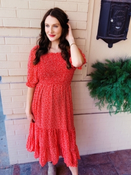Cinched Cuff Square Neck Smocked Dress - Red