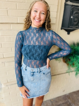 Fitted Sheer Mesh Lace Knit Top - Forest