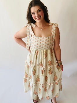 Floral Print Tie Strap Empire Tiered Dress - Apricot Multi