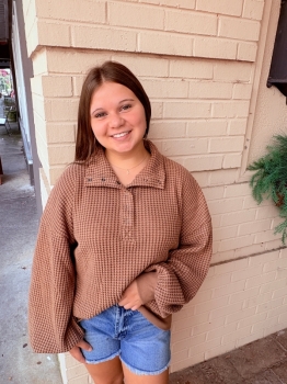 Oversized Half Button Down Waffle Knit Pullover - Chocolate