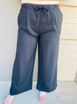 Waist Band Linen Palazzo Pants - Black