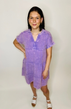 Washed Gauze V-Neck Dress - Lavender