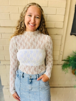 Fitted Sheer Mesh Lace Knit Top - Champagne