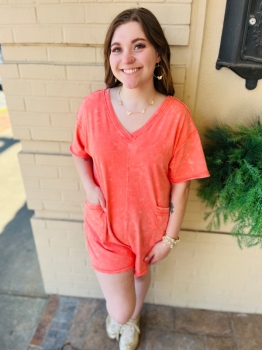 Mineral Wash Romper - Coral