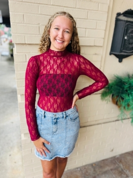 Fitted Sheer Mesh Lace Knit Top - Wine