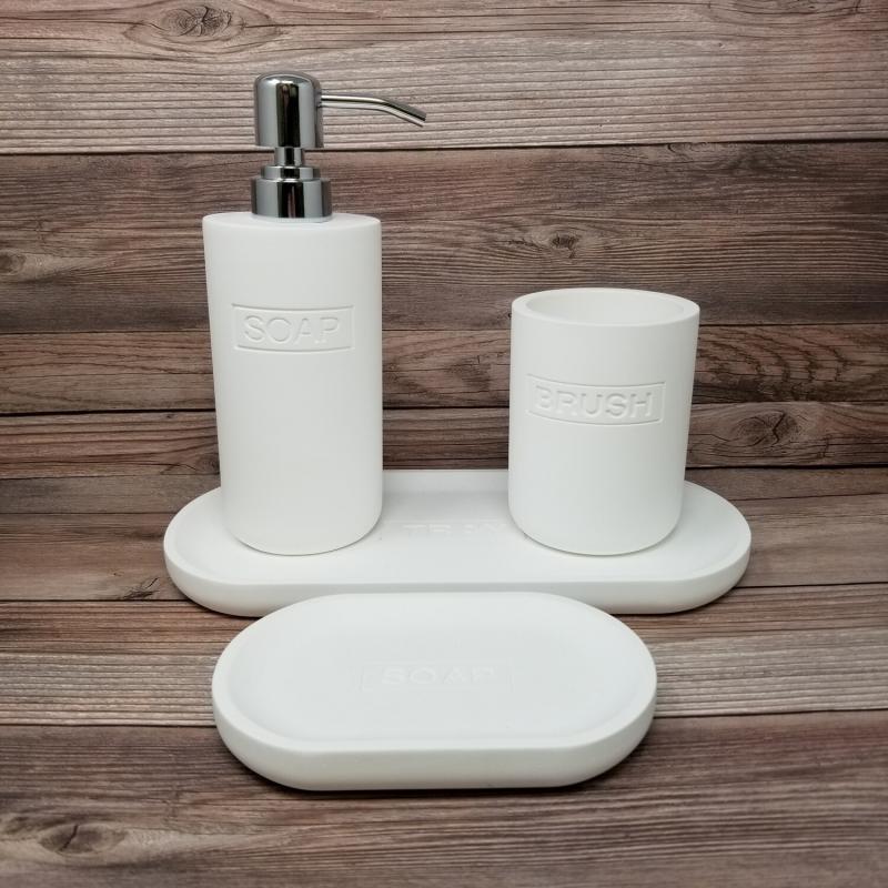 Dannes White Dotomite Stone Bath Accessories Set - Includes Toothbrush Holder, Soap Dispenser, Soap Dish, and Tray