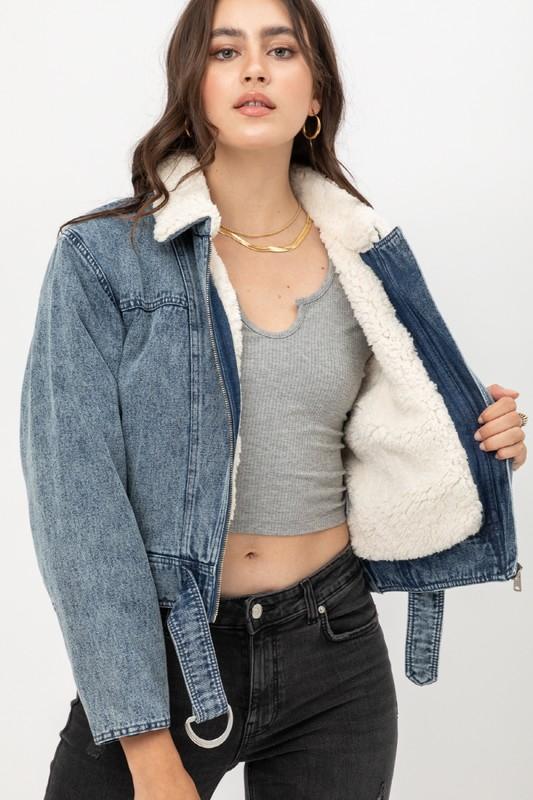DENIM SHEARLING COLLAR JACKET