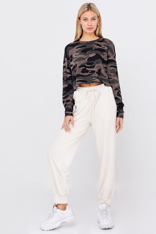 Long Sleeve Cropped Camo Top