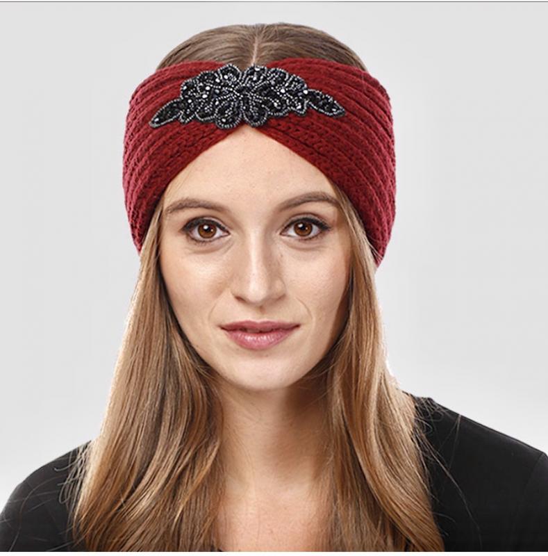 Bead Flower Knit Earmuff Headband