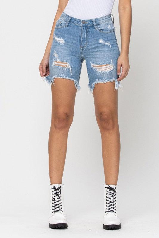 High Rise Distressed Bermuda Shorts