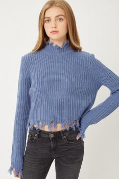 Frayed Knit High-Neck Sweater