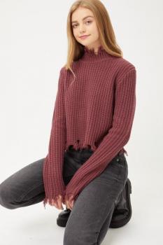 Frayed Knit High-Neck Sweater