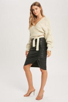 FAUX LEATHER KNEE LENGTH RUCHED SKIRT