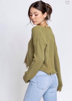 Distressed V-Neck Pullover Sweater