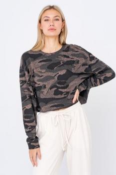 Long Sleeve Cropped Camo Top