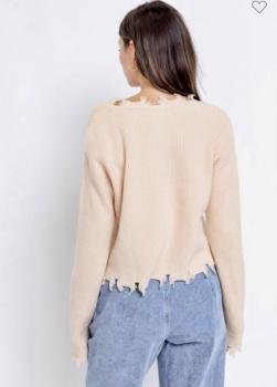 Distressed V-Neck Pullover Sweater
