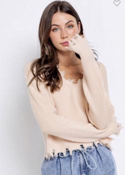 Distressed V-Neck Pullover Sweater