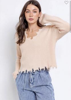 Distressed V-Neck Pullover Sweater