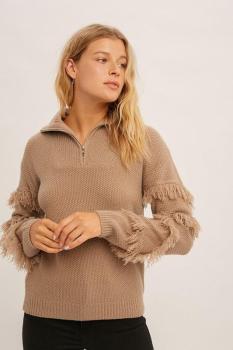 Fringe Sleeve Zip Up Sweater