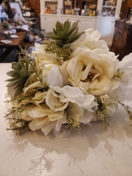 White bouquet w/ white poppy and succulent