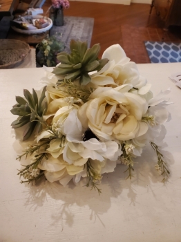 White bouquet w/ white poppy and succulent