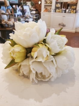 White peony bouquet w/ green leaves